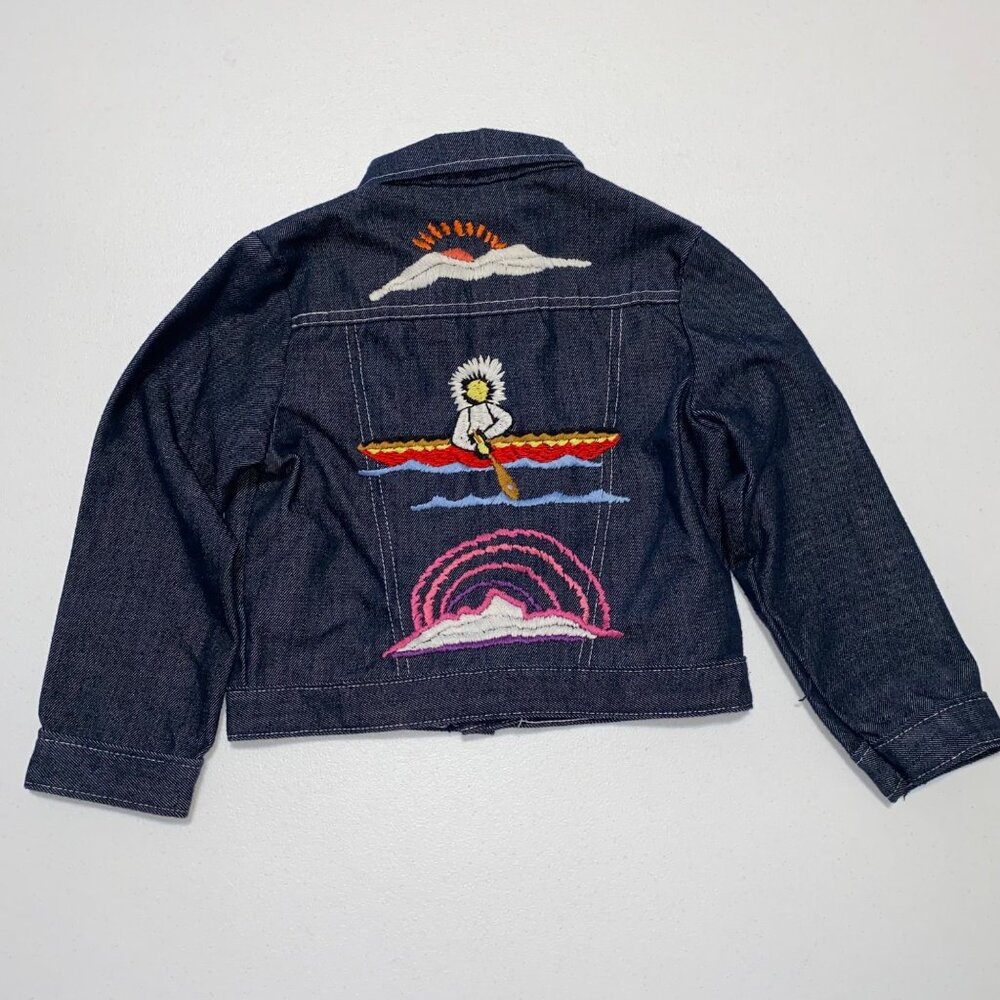 Vintage Sears Denim Girls Jacket Size 5 Embroidered‎ Flowers Butterfly Canoe